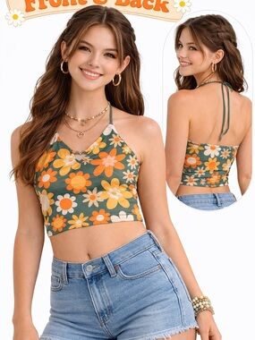 Retro y2k Flower Power Crop Halter Top size M hippie coquette skater
